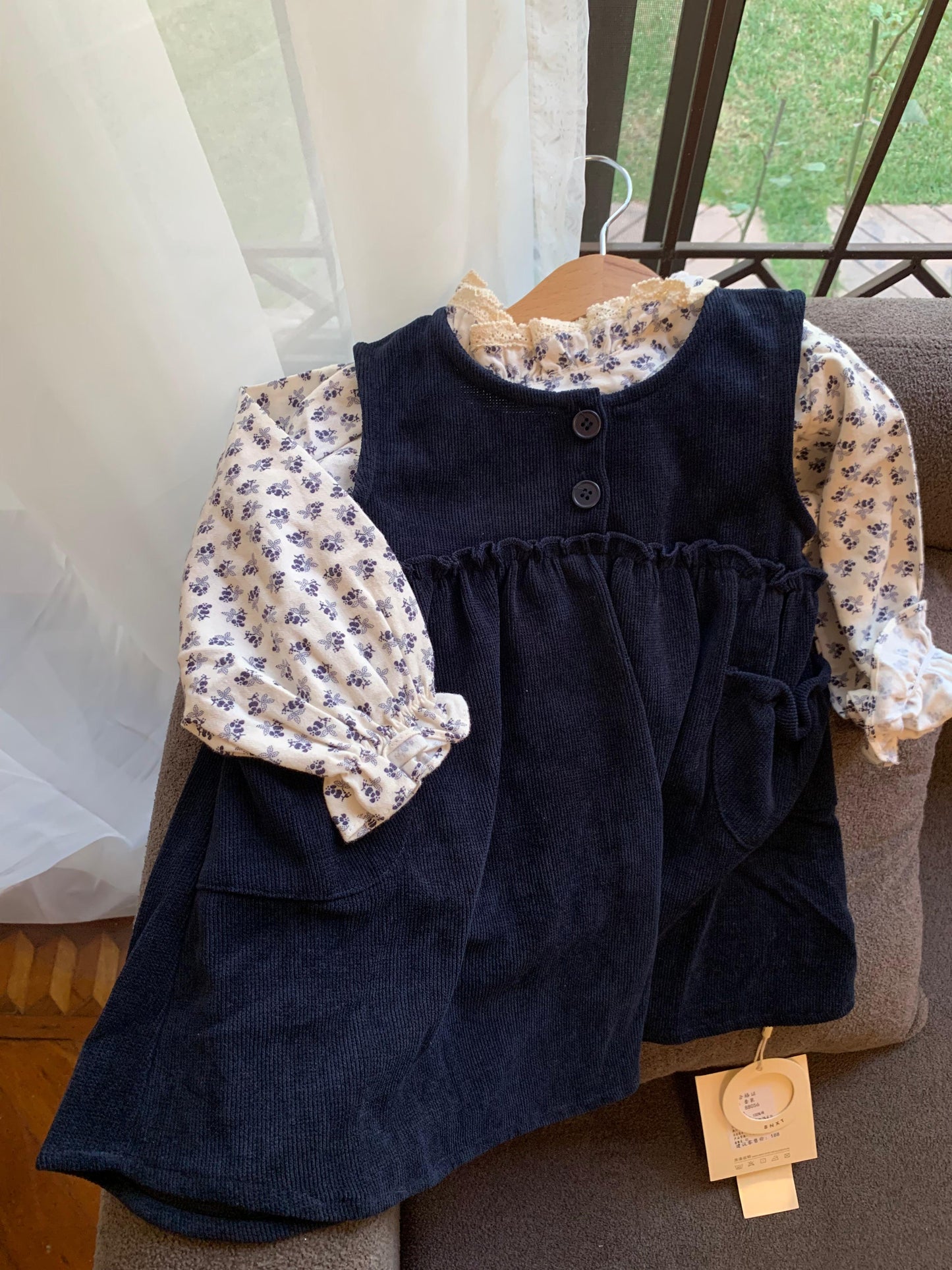 Corduroy Frock with Floral High-neck