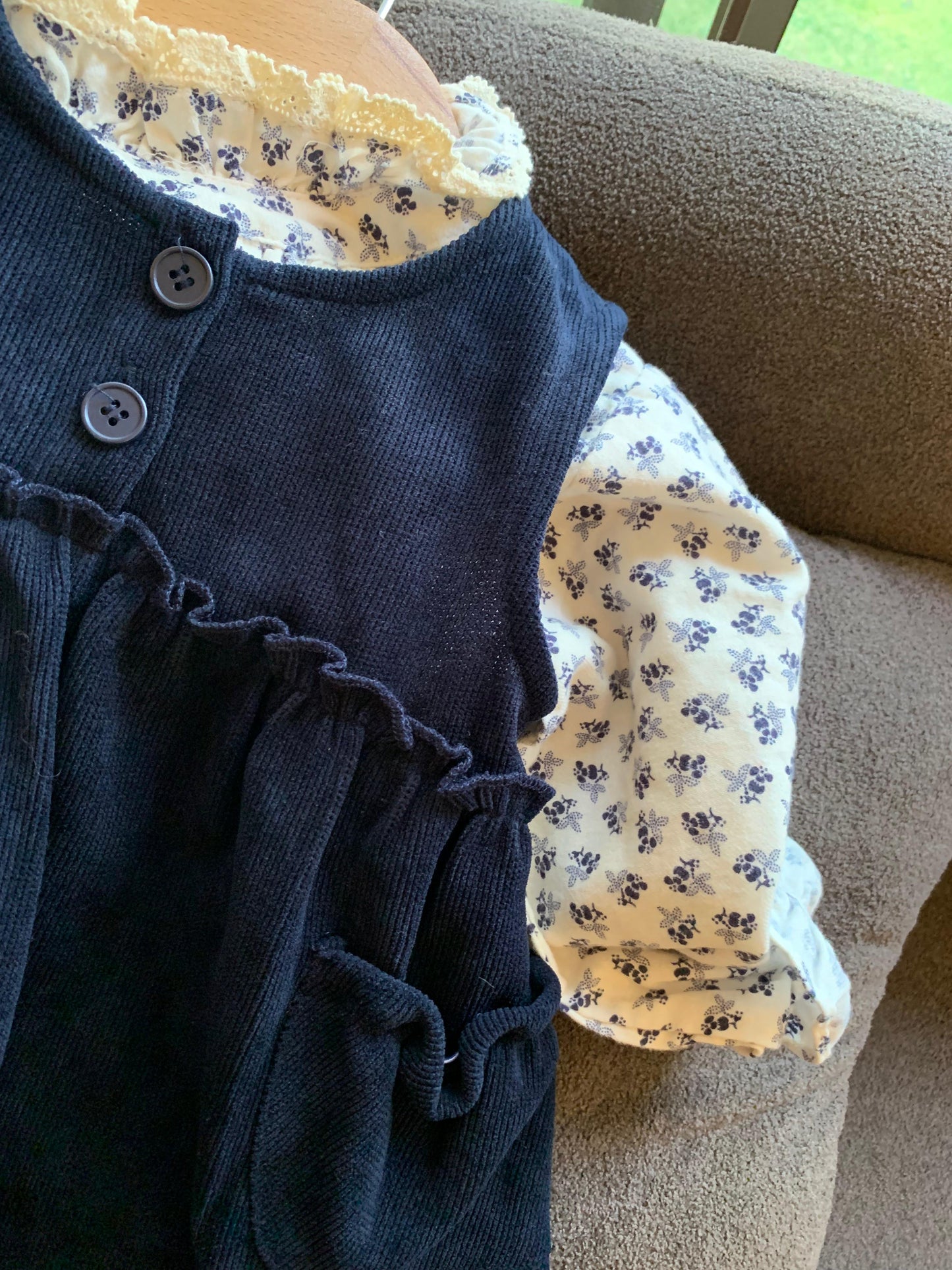 Corduroy Frock with Floral High-neck