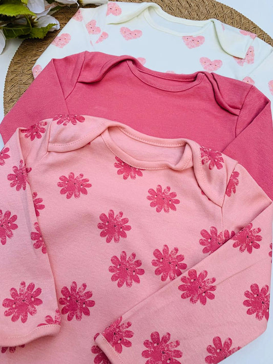 George Pack of 3 Flower Heart Long Sleeve Bodysuits