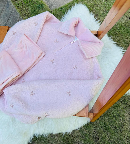 Tu Clothing Bows Embrioded Sherpa Shirt & Trouser Set