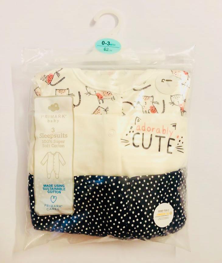 Primark Pack of 3 Adorably Cute Sleepsuits