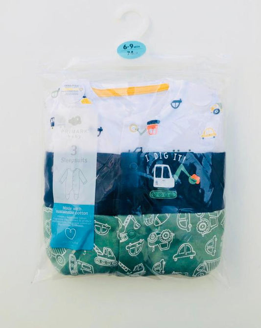 Primark Pack of 3 Tractor themed sleepsuit