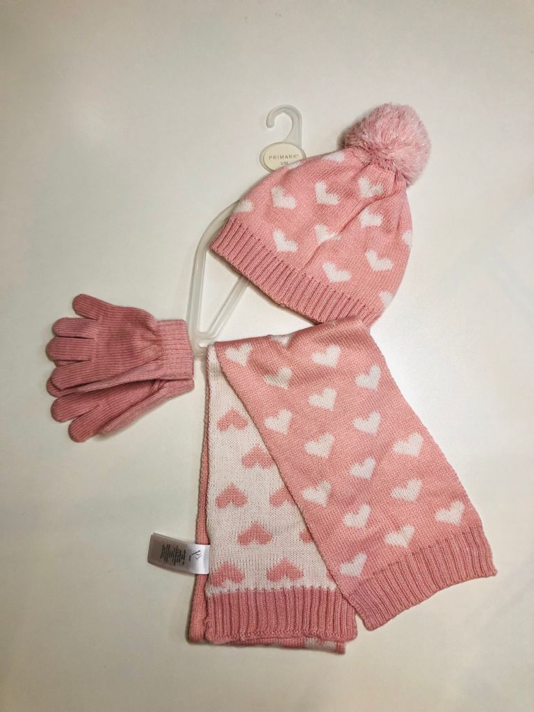 Set of muffler Mittens and Cap Knitted Baby Pink