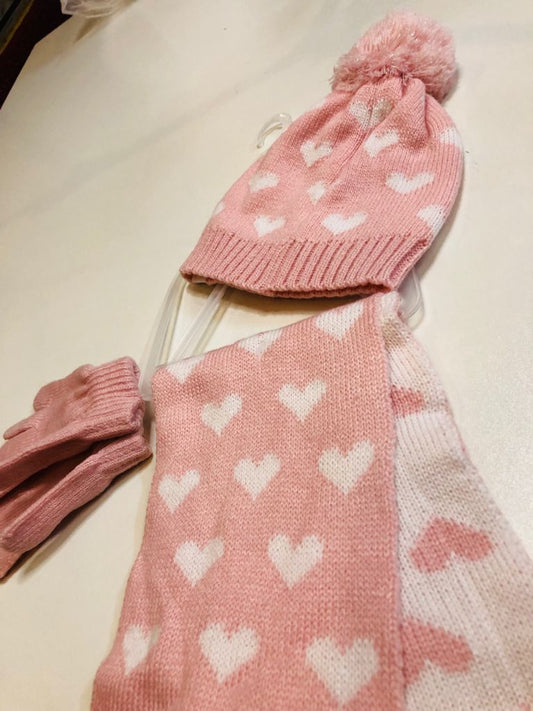 Set of muffler Mittens and Cap Knitted Baby Pink