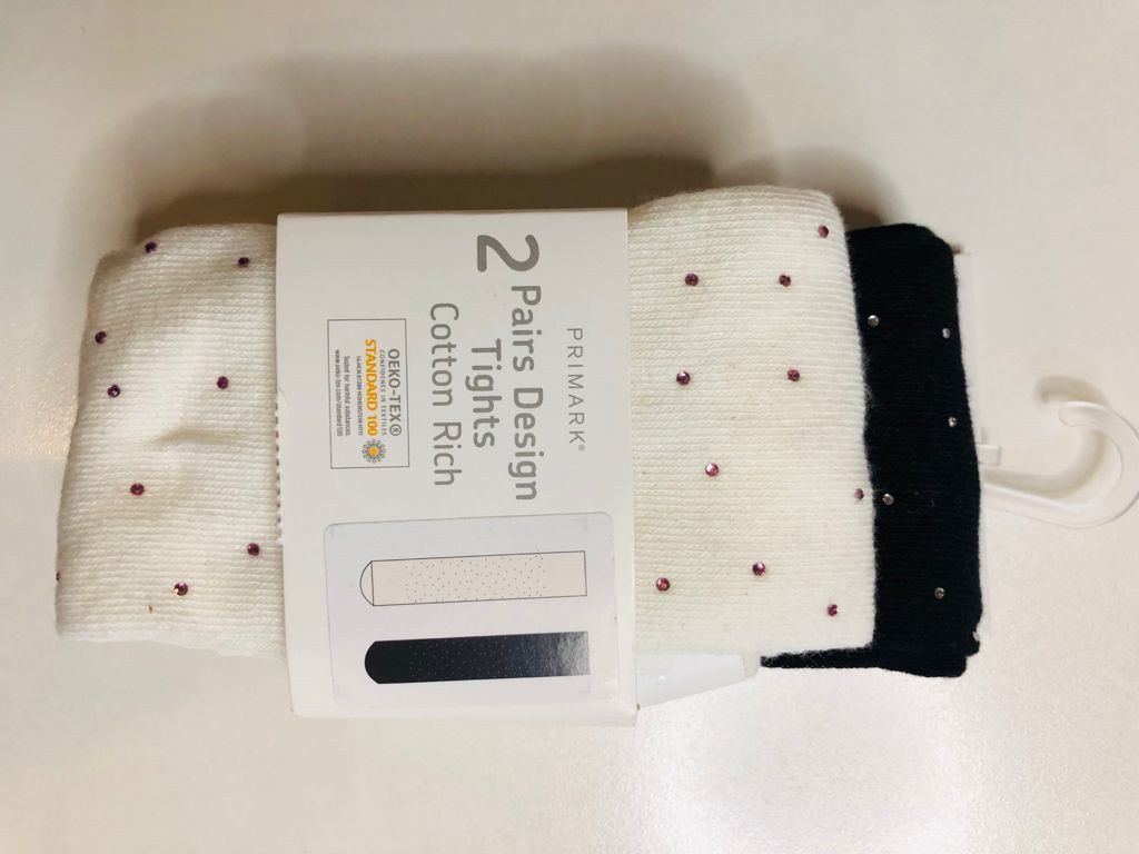 Pack of 2 Tights, Cotton Rich, Glitter Dots on white & Black