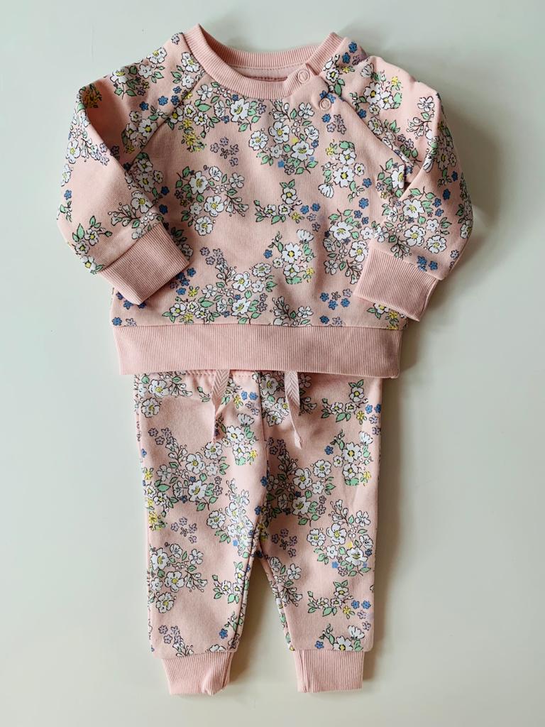 Floral Pink Fleeced lining Sweat shirt and Trouser Set (In-stock)