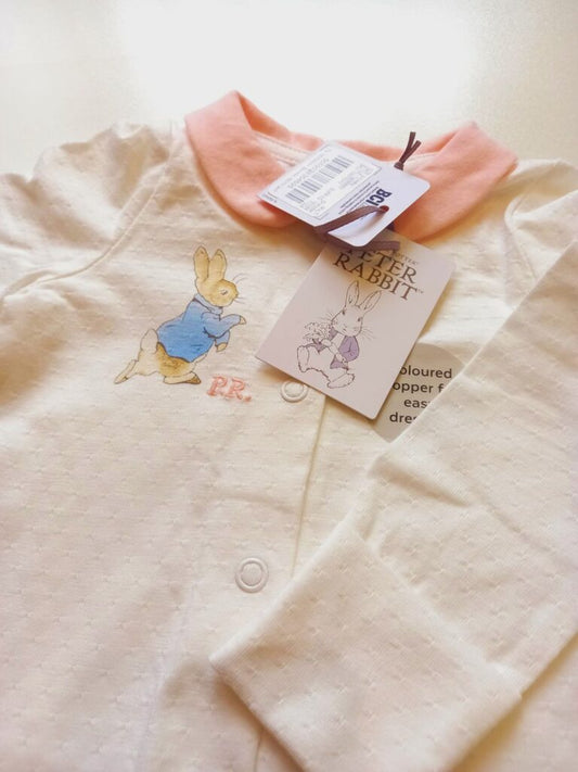 Rabbit P.R on White and pink Sleepsuit