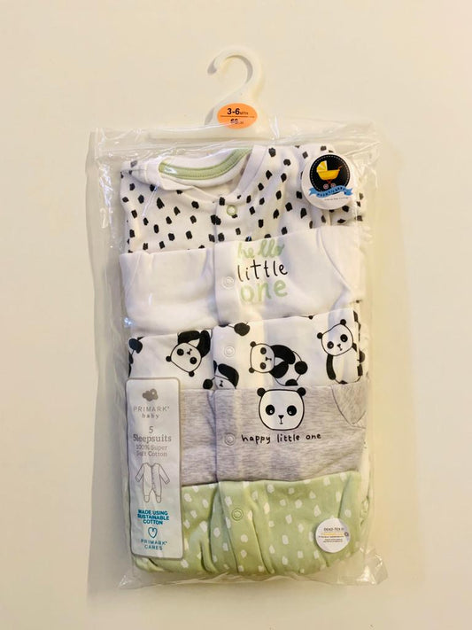 PRIMARK Panda Themed Pack of 2+3 Sleepsuits