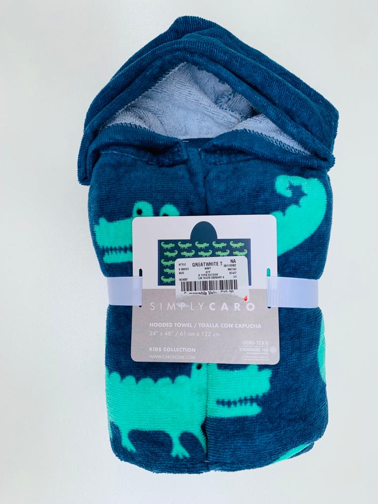 Green Crocodile on Blue Hooded Towel